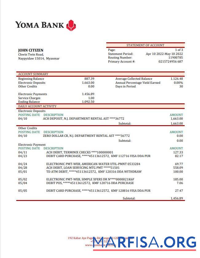 Printable Myanmar Yoma bank statement word real example